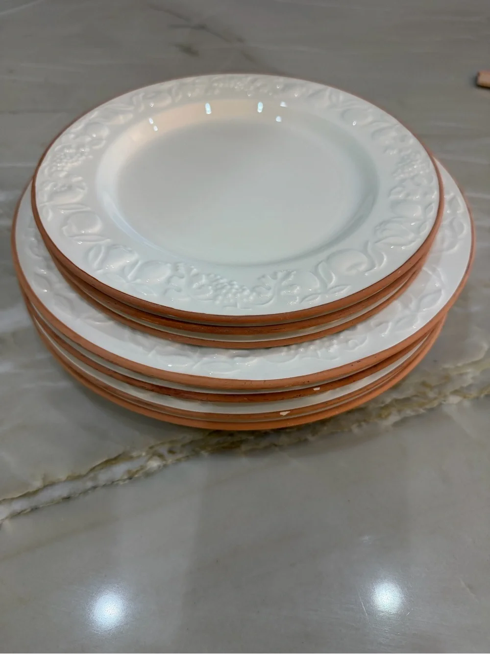 Pier 1 Italian pottery Terra Cotta Edge & embossed Fruit Design 4 Dinner 3 Salad